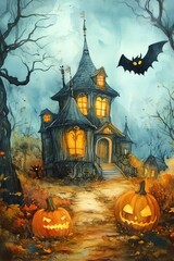 Obraz premium Halloween night background image with spooky castle and pumpkins. Halloween celebration greeting card. Haunted house and full moon, digital watercolor illustration