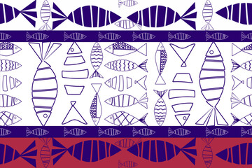 Fish pattern, symbol, white on blue surface, seamless on white background