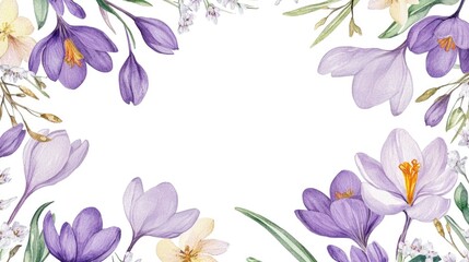 Obraz premium Hand painted watercolor square frame featuring spring flowers including crocus and snowdrops along with branches and leaves Isolated on a white background Suitable for invitations weddings greeting
