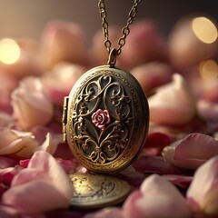 Vintage locket with tiny photo and rose petals Illustration