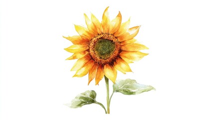 Hand painted watercolor illustration of a solitary sunflower with a vibrant yellow bloom on a white background