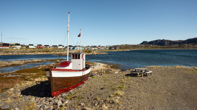 view of the village of Gjesvaer during a sunny spring day, north Cape, mageroya island, Norway