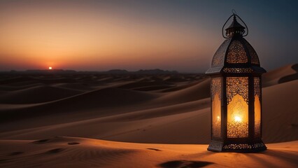 Ornate Lantern Illuminates a Desert Sunset