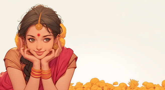 Indian woman bride traditional dress white background orange marigold flowers red sari. Template Ugadi Gudi Padwa card copy space
