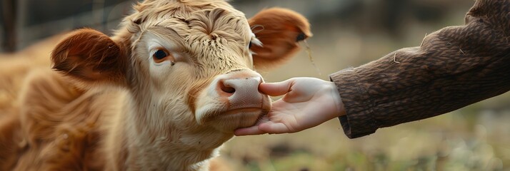 Farmer feeding cow on field at sunset. Cattle cow grazing on farmland. Agriculture cattle livestock farming industry and animal husbandry. Animal health care and love animals concept. Closeup