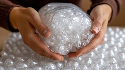 Hands delicately preparing a small package, wrapped in bubble wrap, shipping-ready. Hands carefully wrapping a fragile item in bubble wrap, preparing for shipment.