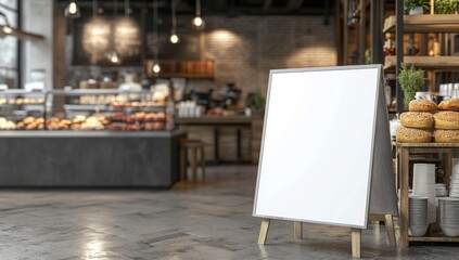 Obraz premium Blank Menu Board in Cozy Rustic Coffee Shop Bakery with Fresh Bagels and Warm Lighting