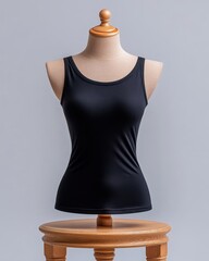 Obraz premium A sleek black tank top displayed on a wooden mannequin, perfect for showcasing fashion and apparel designs.