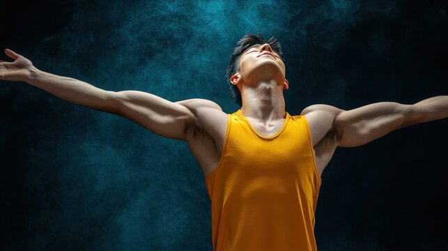 A strong athlete poses confidently with arms wide, showcasing muscle definition under dramatic lighting.