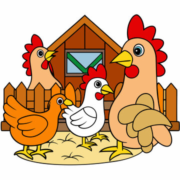recommend clip art: Barnyard Chickens - Rustic Pecking and Scratching Scene on White Background art vector illustration