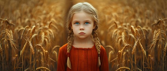Solitary girl in vast wheat field.