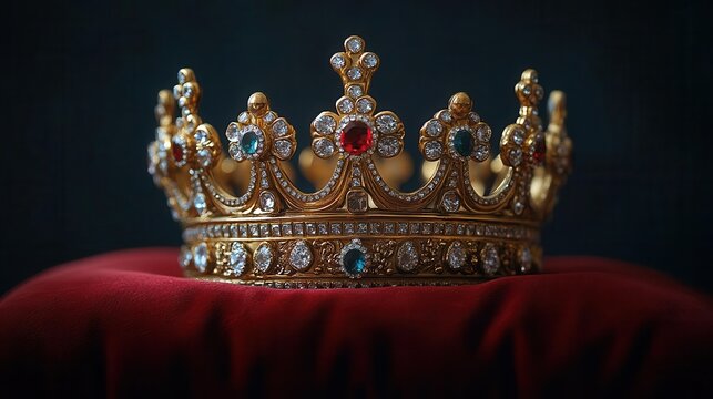 majestic golden crown adorned with precious gems resting on a rich red velvet pillow symbolizes royalty and the british monarchy with regal elegance