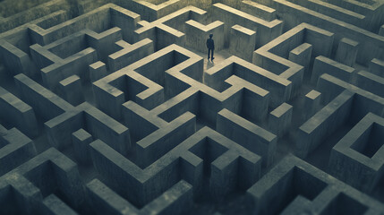 aerial view of man standing in a complex maze labyrinth illustration