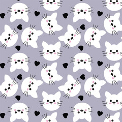 Cute cat seamless pattern background with heart.