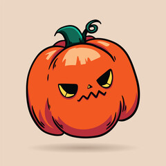 Halloween pumpkin head mascot logo. Handdrawn autumn illustration with a funny pumpkin. Doodle pumpkin Trick or treat. Spooky kawaii face Pumpkin. Vector illustration isolated in cartoon style.