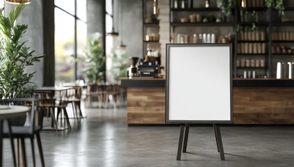 Blank Signboard in Modern Cafe with Plants and Wooden Furniture Illuminated by Natural Light