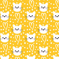 seamless pattern of cute cats with  polka dots  and hearts on yellow background.