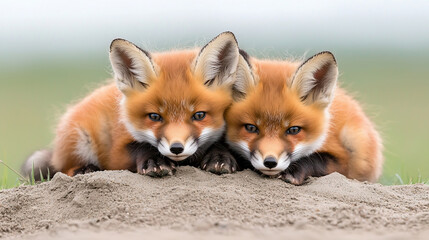 Fototapeta premium Two Red Fox Kits Laying On Top Of Sandy Burrow, Looking At Camera. 