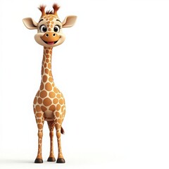 Obraz premium Joyful cartoon giraffe with a friendly smile against a clean background, perfect for children's themes or animal illustrations.