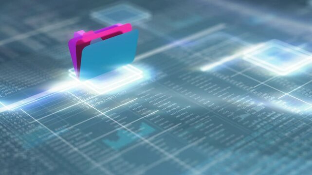 Smooth camera slide over digital network with hacker code data, folder icons show storage usage cloud services