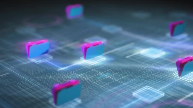 Tracking shot through digital data network of a cloud hard disk with different folders, internet security, data storage, background