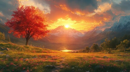 Fototapeta premium majestic mountain range at sunset vibrant hues painting the sky lush green valley in foreground serene atmosphere photorealistic style