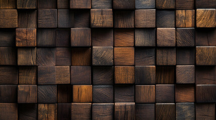 A meticulously arranged wall composed of square wooden blocks. 
