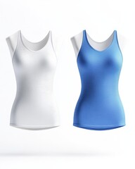 Stylish tank tops in white and blue, perfect for workouts or casual wear. Ideal for fashion and sports photography.