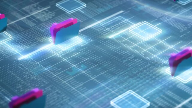 Smooth zoom on digital board with code segments, network folder structures and light lines, artificial intelligence data processing, background animation