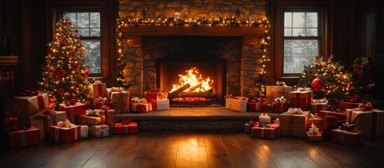 Christmas Fireplace with Presents and Christmas Tree