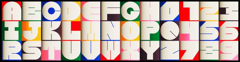 Bright and bold geometric alphabet and numbers in a modern Art Deco style. This colorful, abstract vector design is perfect for creative typography, digital art, and stylish graphic design projects.