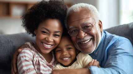 Cheerful African American multigenerational family embracing, with smiling young girl hugging grandmother and grandfather