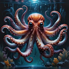 Obraz premium Ocean's Mystical Eye: A mesmerizing digital illustration of a captivating octopus, its large, expressive eyes peering from the depths, its tentacles swirling gracefully through the water. The artwork'