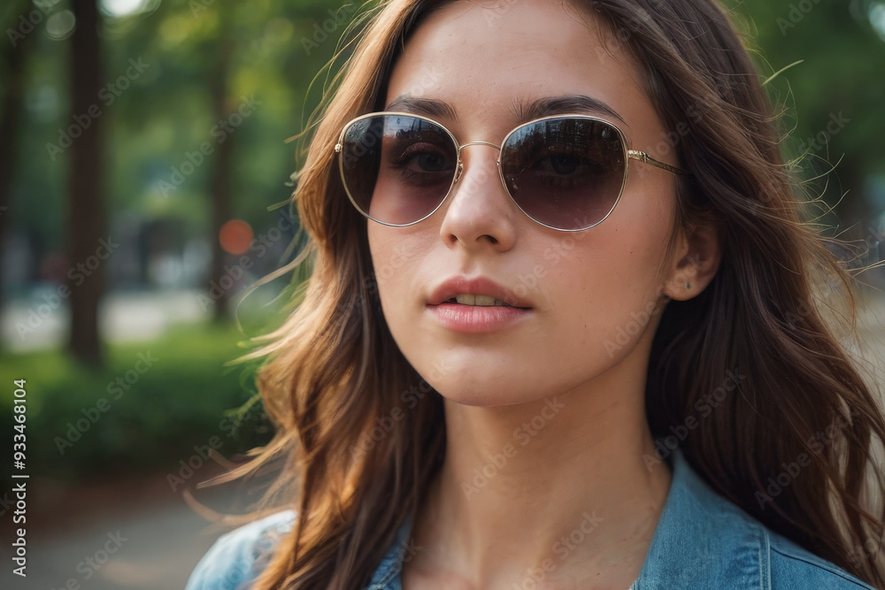 Wall mural young beautiful girl in sunglasses against the backdrop of a city park, close-up portrait