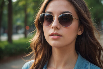Young beautiful girl in sunglasses against the backdrop of a city park, close-up portrait