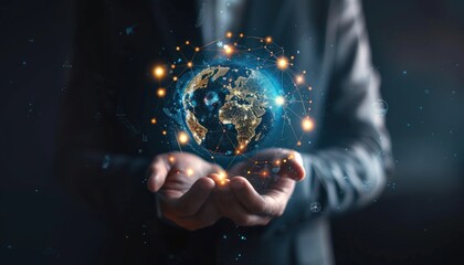 Businessman holding global connectivity icon, glowing light effects, hologram earth with world map, international business.