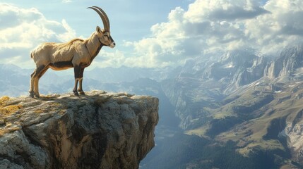 A majestic ibex stands tall on a rocky ledge, gazing over a vast valley, symbolizing wilderness, survival, and natural beauty.