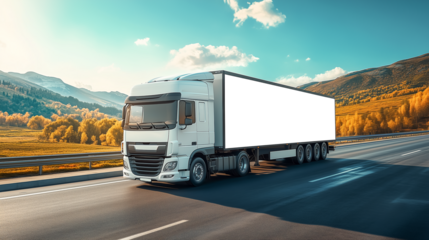 A large white cargo truck driving down a highway with a clear blue sky in the background. Cargo truck mockup for branding. PNG file.