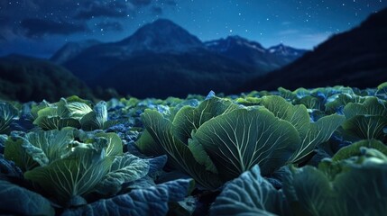 Obraz premium A cabbage field at night with lush green leaves under a starry sky, framed by the silhouette of distant mountains.
