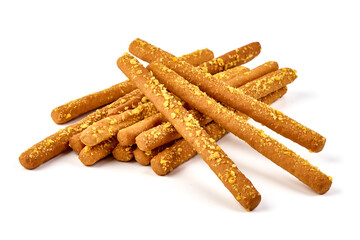Crunchy bread sticks, cheese sticks, isolated on white background. High resolution image.