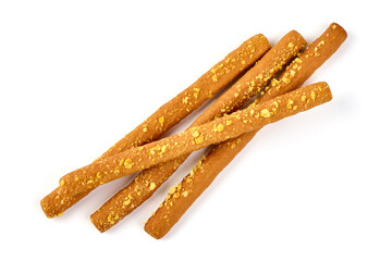 Crunchy bread sticks, cheese sticks, isolated on white background. High resolution image.