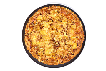 Mushroom pie with cheese, isolated on white background.
