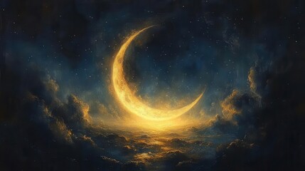 Obraz premium mesmerizing crescent moon illuminating ethereal night sky celestial scene painted with soft dreamy brushstrokes evoking a sense of wonder and tranquility in the vast cosmos