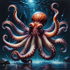 Obraz premium Ocean's Mystical Eye: A mesmerizing digital illustration of a captivating octopus, its large, expressive eyes peering from the depths, its tentacles swirling gracefully through the water. The artwork'
