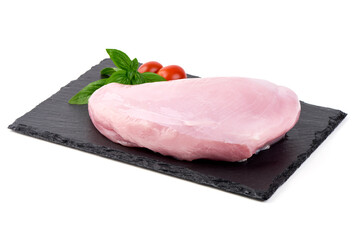Raw Turkey fillet, isolated on a white background.