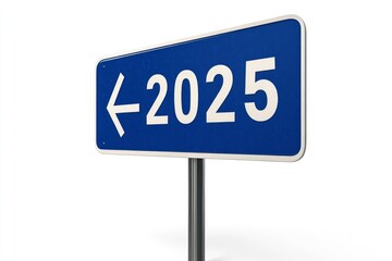 Blue road sign with text "2025" with arrow on white background - 3D rendering illustration with generative ai