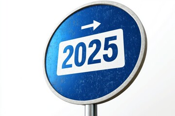 Blue road sign with text "2025" with arrow on white background - 3D rendering illustration with generative ai