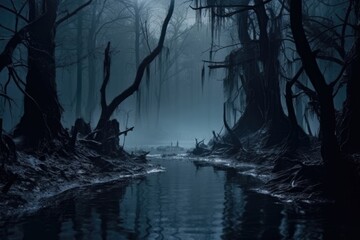 Calm swampy river among old creepy trees in dark forest at night with full moon. Scary Halloween concept. Dark and mysterious background for banner, poster, wallpaper