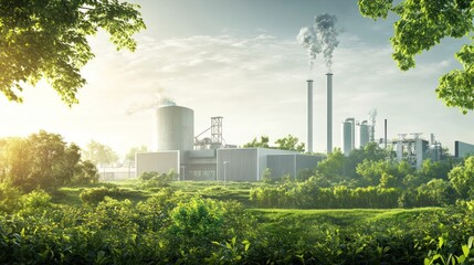 Obraz premium A modern sustainable industry scene with advanced eco-friendly technology,, and minimal environmental impact, set against a clear sky with vibrant greenery surrounding the facility