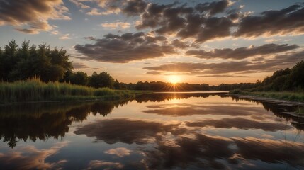 Fototapeta premium Serene Sunset Over a Calm River with Dramatic Clouds and Reflective Water
